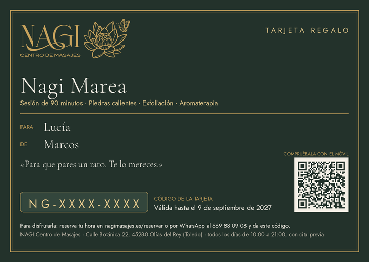 Ejemplo de la tarjeta regalo de NAGI: la sesión, para quién es, de quién viene, la dedicatoria y el código